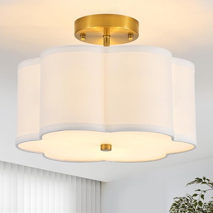 Modern Semi Flush Mount Ceiling Light Modern Gold 3-Lights Drum Ceiling Lighting Fixture Vintage Linen Golden Ceiling Lamp for Laundry Room, Kitchen, Basement, Dining Room, Bedroom