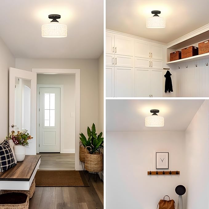 Artistic Black Handcrafted Semi Flush Mount Ceiling Light - 9.45 Inch Vintage White Glass Shade with Etched Patterns, Easy Install, Small Ceiling Light Fixture for Hallway, Kitchen, Bedroom