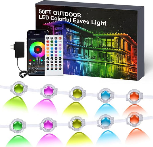 Permanent Outdoor Lights, 50ft Smart Eave Lights with 25 LED Lights, IP67 Waterproof Outdoor String Lights for Garden Decor,Deck,Christmas with App/Remote Control