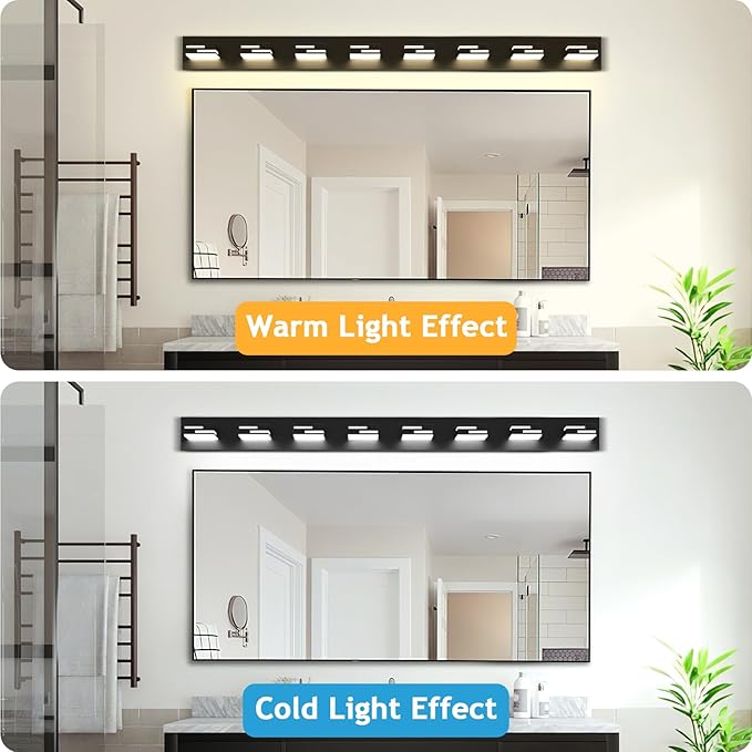 LED Modern Bathroom Vanity Light Fixtures 8-Light 55-inch 5CCT Dimmable Matte Black Vanity Lights for Bathroom Lighting Fixtures Over Mirror, with 360° Rotatable Acrylic Heads