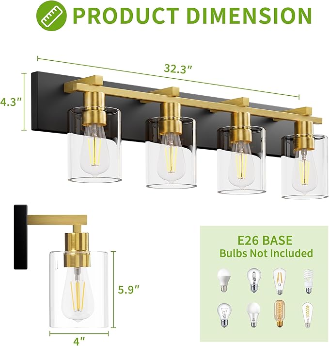 Espird Bathroom Vanity Light,4 Light Matte Black and Gold Light Fixture with Thickened Clear Glass Shade, 30 inch Modern Wall Sconce, Bathrooms Vanity Light Over Mirror for Bathroom