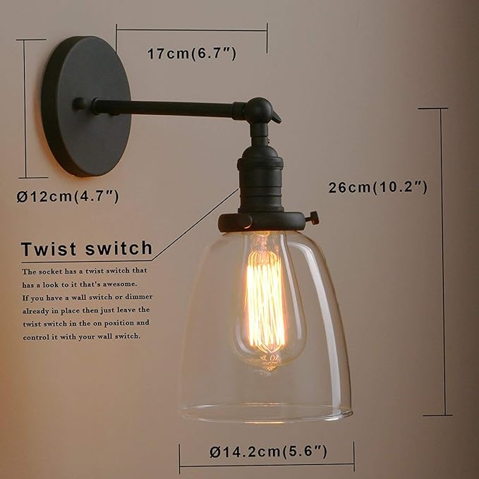 Pathson Loft Vintage Wall Light Dia 5.6" Wall Lamp with Oval Clear Glass Shade Design Vintage Industrial Home Wall Light Metal Base Cap Fixture Flush Mount Wall Sconce (Matte Black)