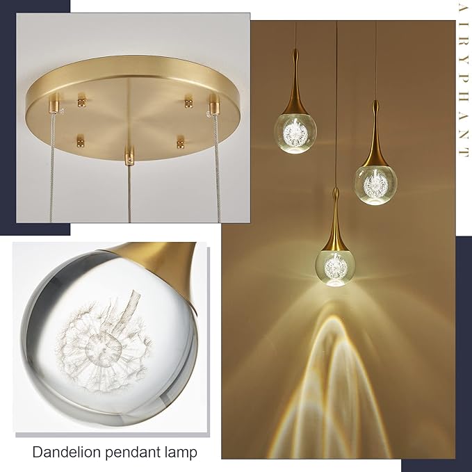 3 Light Gold Pendant Lighting, 15W Modern Dimmable LED Teardrop Crystal Chandelier Cluster Pendant Light for Kitchen Island Dining Room Hallway Bathroom 3000k Warm White