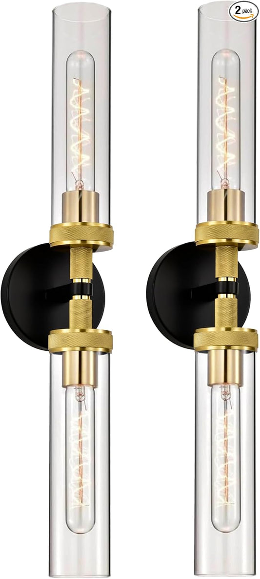 LaLuLa 2-Pack Black and Gold Bathroom Vanity Light Fixtures – Modern 2-Light Wall Sconces with Knurled Texture and Clear Glass Shades, Bathroom Lighting Fixtures Over Mirror, 25 Inch