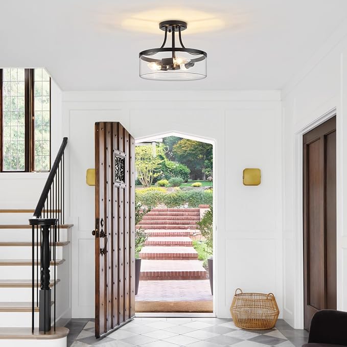 11.81" Black Semi Flush Mount Ceiling Light Modern Glass Light Fixture Industrial Hallway Lights 3-Light Close to Ceiling Light Fixtures for Entryway Bedroom Kitchen Dining Room Laundry Room Lighting