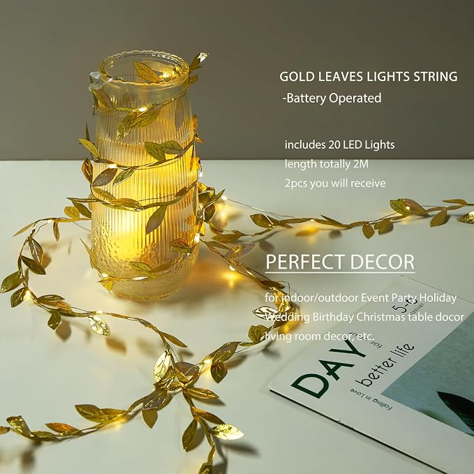 AdasBridal 6.56ft Gold Leaf String Lights 20 LED Fairy Lights Battery Operated Artificial Plant Vine Light for Wedding Birthday Party Decoration Indoor Outdoor Table Decor DIY Crafts, 2pcs