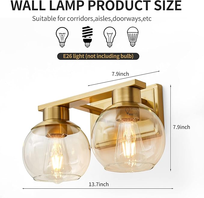 PAZALA 2 Light Vanity Lights, Brushed Brass Bathroom Wall Sconce Light with Globe Glass Shade, Bathroom Light Fixture Over Mirror for Bedroom, Living Room, Hallway (E26 Base)