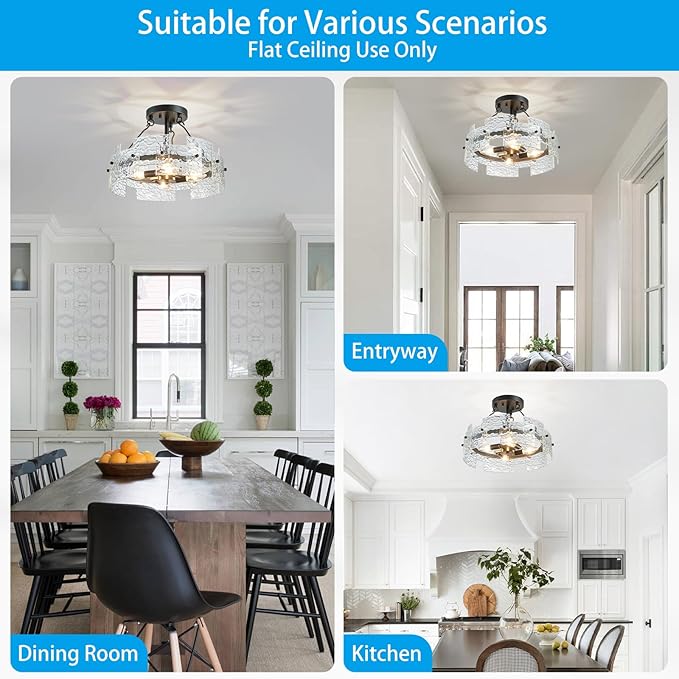 XINGQI Black Ceiling 4-Light Modern Farmhouse Water Ripple Glass Ceiling Lighting Fixture 15.7" Drum Ceiling Lights for Bedroom Dining Room Living Room Hallway Entryway