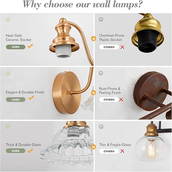 Vintage Wall Sconce Light, Gold Brass Bathroom Sconces Wall Lighting, Antique Wall Light Fixture with Clear Flower Glass Shades, Indoor Wall Sconces for Living Room Bedroom, 1-Light Wall Lamp
