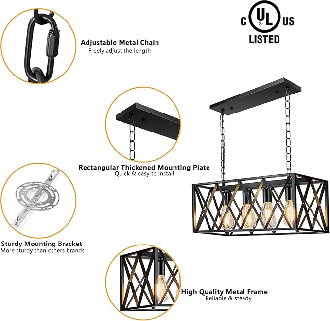 Pynsseu Industrial Kitchen Island Pendant Lighting, Rectangular Vintage Rustic 4-Light Hanging Pendant Light Fixtures for Kitchen Farmhouse, Bar, Dinning Room