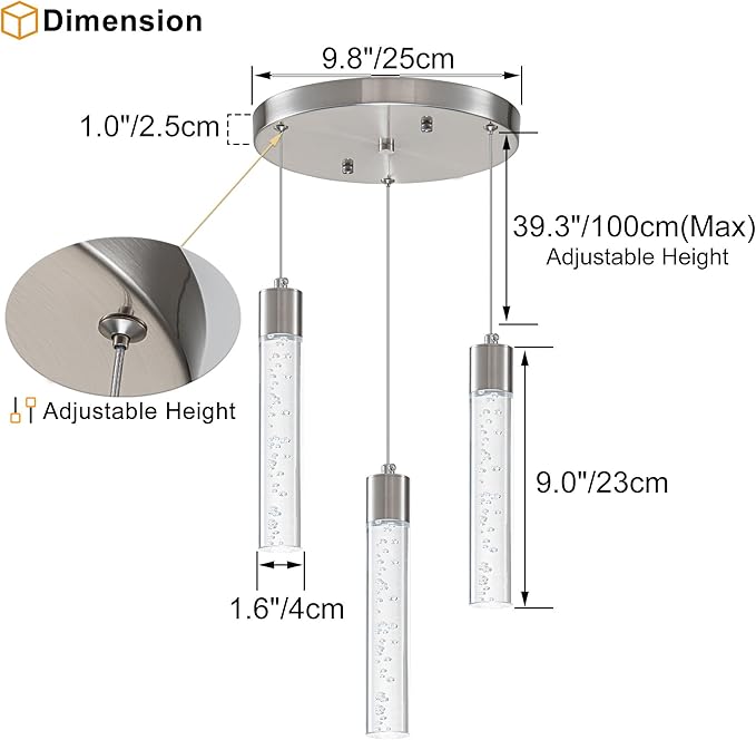 Pendant Lights Kitchen Island, 3-Light Brushed Nickel Cluster Pendant Light Fixtures, LED 6000K Kitchen Island Lights, Modern Hanging Light Fixture, Pendant Lighting for Dining Room Living Room