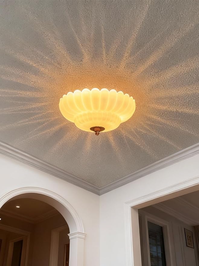 Semi Flush Mount Ceiling Light, Pearl white Glass Ceiling Light Fixture, 3-Bulb Modern Close to Ceiling Light, Vintage Glass Ceiling Lights for Bedroom Kitchen Living Room, Bulb Not Included