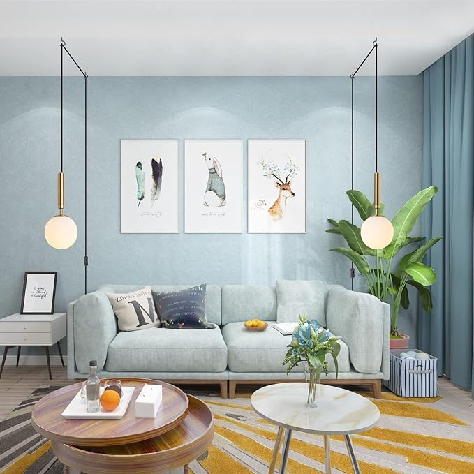 KCO Modern Gold Globe Pendant Lamp Plug in Mid Century White Frosted Glass Adjustable Ceiling Lamp Industrial Brass Gold Round Ball On/Off Chandelier for Farmhouse Kitchen Island Bedroom