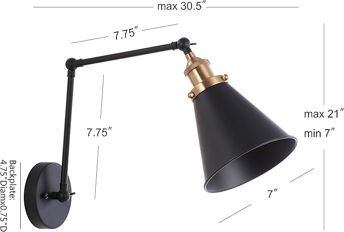 JONATHAN Y 7" Black/Brass Gold Classic Industrial Metal Adjustable Arm LED Wall Sconce for Bedside Reading, Farmhouse Swing Arm Wall Lamp with Metal Shade, Hardwired (JYL7462A)