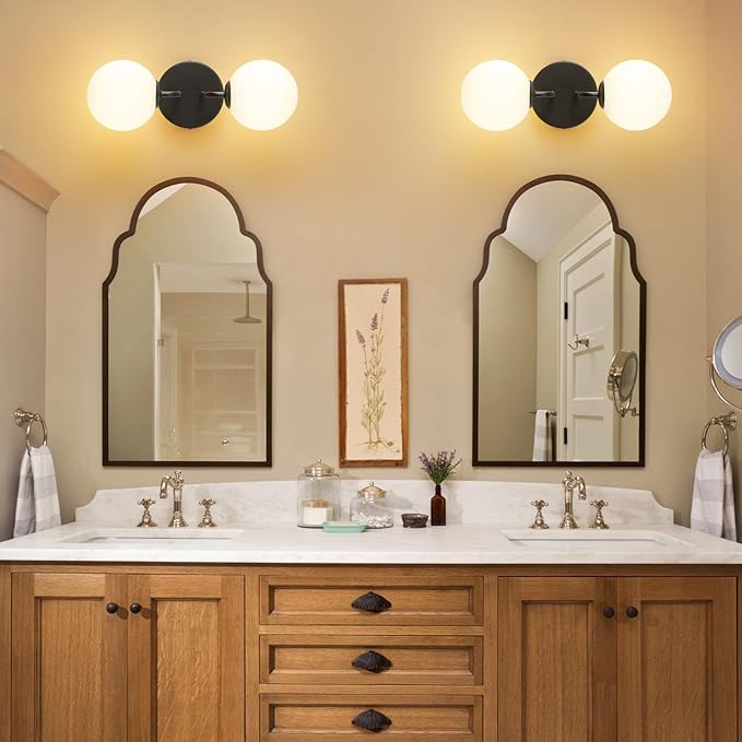 Yunnix Black Bathroom Vanity Light, Modern Globe Vanity Lighting Fixtures with Milk White Glass Shade, Mid Century Vanity Lights Wall Sconce Over Mirror for Bathroom Hallway Entryway (2 Pack)