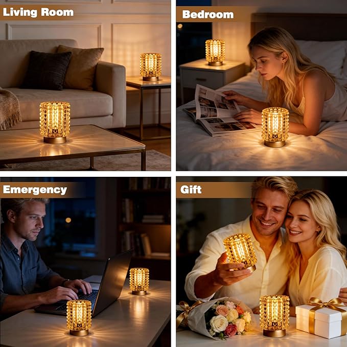 Battery Operated Lamp with Timer, Mini Crystal Table Lamps for Home Decor, Small Cordless Lamp for Areas No Outlets, Glass Battery Powered Lamps for Entryway, Bedroom, Bathroom, Shelf (2 Yellow)