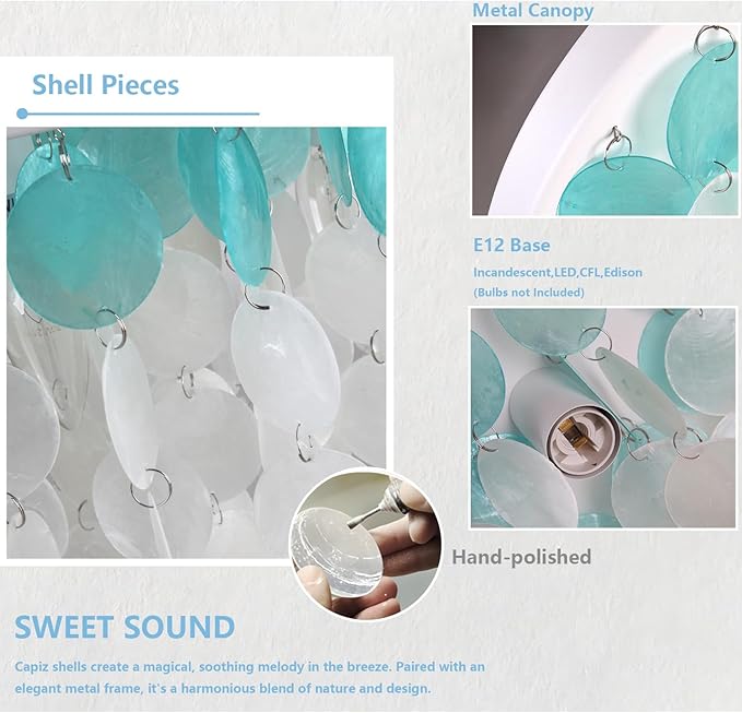 13.8" Capiz Shell Ceiling Light Fixtures 3 Lights Boho Shells Flush Mount Light for Bedroom, Kitchen Island, Bathroom, Entryway, Hallway, White and Blue