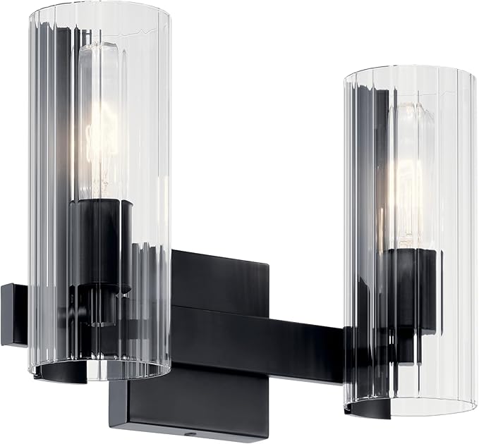 Kichler Jemsa 2-Light Bathroom Vanity Light Fixture with Clear Fluted Glass in Black, Modern Wall Mount Light for Bathroom or Powder Room (9.75" x 13.75"), 55167BK