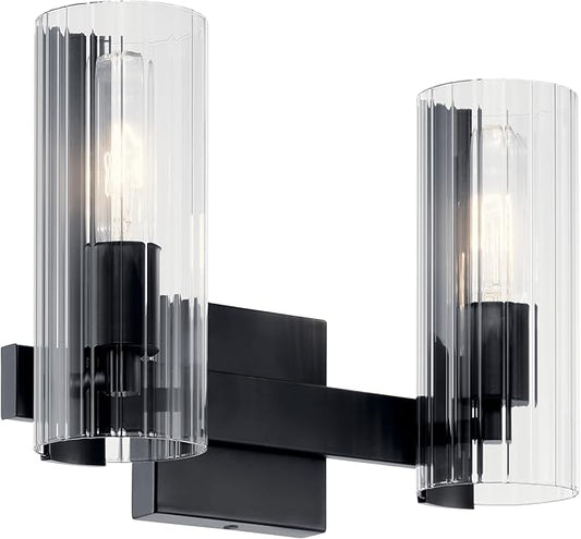 Kichler Jemsa 2-Light Bathroom Vanity Light Fixture with Clear Fluted Glass in Black, Modern Wall Mount Light for Bathroom or Powder Room (9.75" x 13.75"), 55167BK