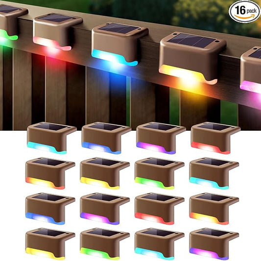 DenicMic 16 Pack Solar Deck Lights Outdoor Waterproof Color Changing LED | Step Fence Patio Yard Stair Railling Pool Side Balcony Front Porch Outside Deck Lighting Decorative 5 Lumen ABS Brown Shell