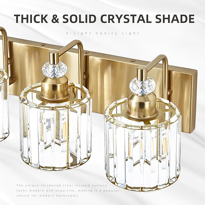 5-Light Modern Vanity Lights Brushed Brass Bathroom Light Fixtures Over Mirror Gold Bathroom Vanity Lighting with Crystal Shade E26 Base Wall Sconce for Bedroom Living Room Restroom Wall Lamp