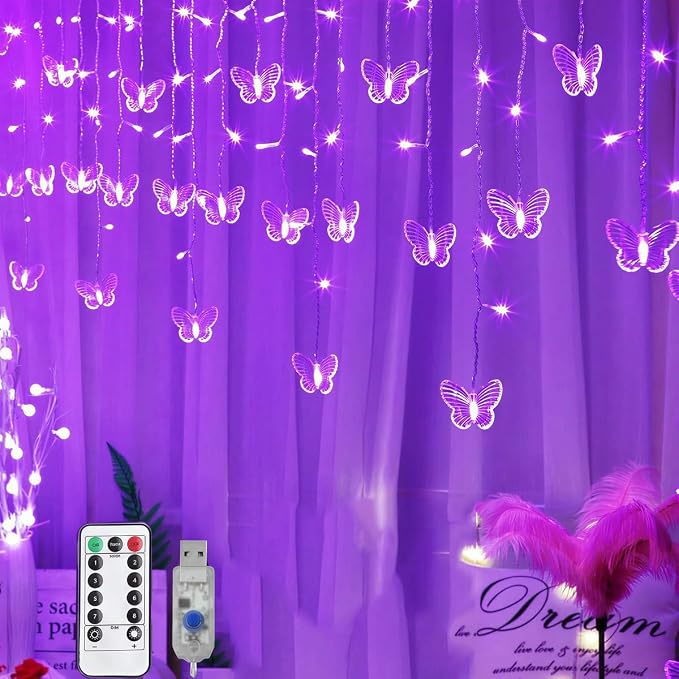 Lainin String Light 13FT 96LED USB Powered Curtain Light 16 Butterflies Strings 8 Mode Fairy Light Strip for Party Indoor Outdoor Room Garden Wall Wedding Christmas Xmas Decorations (Purple)