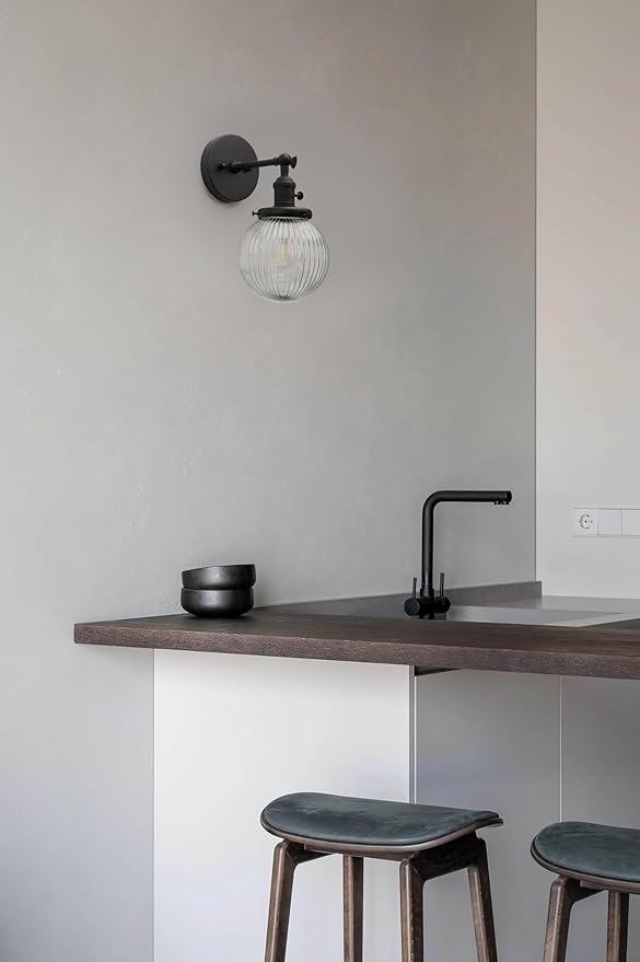 PERMO Vintage Industrial Wall Sconce Matte Black Single Wall Sconces with 5.9" Round Clear Globe Ribbed Glass Shade Hardwired Wall Light for Bedroom Livingroom Office