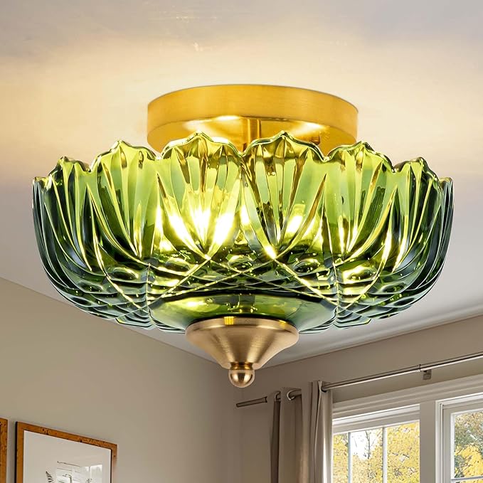 Semi Flush Mount Ceiling Light,Vintage Ceiling Light 9.44 Inch E26 Small Green Glass Ceiling Lighting for Living Room Kitchen Bedroom Hallway 3 Light(Bulb Not Included)