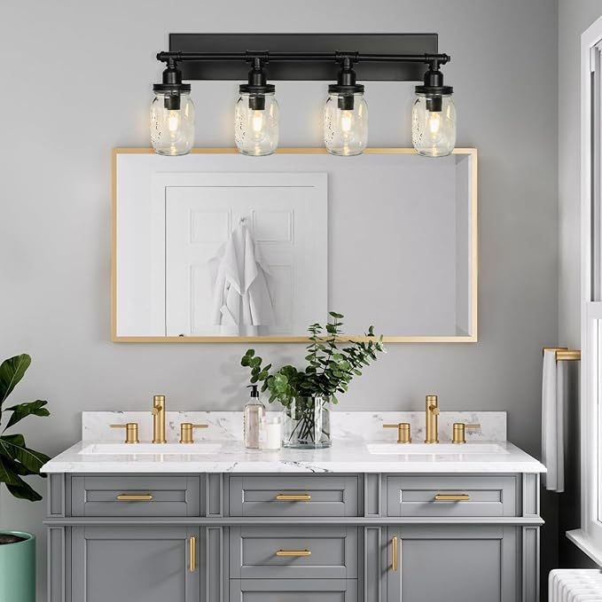 Bathroom Wall Light Fixtures, Industrial Mason Jar Vanity Light, Wall Sconce with Black Finish(4 Light)
