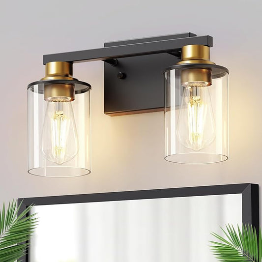 DORESshop Bathroom Light Fixtures, 2-Light Black and Gold Bathroom Lights Over Mirror with Clear Glass Shade, Vanity Lights for Hallway Bedroom Living Room, ETL Listed
