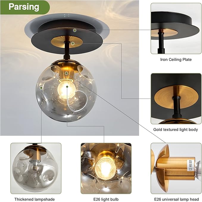 SZXYKEJI 1-Light Mini Glass Globe Ceiling Light,Modern Semi Flush Mount Light Fixture,Black Ceiling Light for Hallway Aisle Porch Stairway Closet.