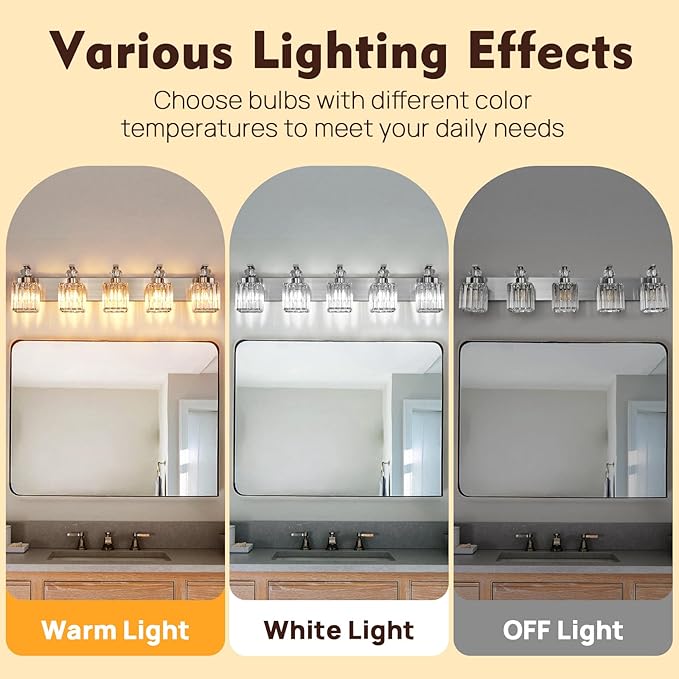 Modern Bathroom Vanity Light, 5-Light Nickel Bathroom Lighting Fixtures Over Mirror, 36.3" Crystal Wall Light Sconce for Bathroom/Bedroom/Vanity, Includes LED Bulbs, Easy Installation