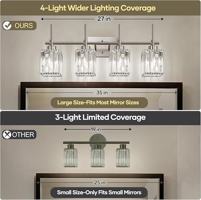 Torondo Modern Crystal Bathroom Vanity Light 4-Light Brushed Nickel Bathroom Light Fixtures Over Mirror Vanity Lighting Fixtures Square Shade Brass Wall Sconce (Bulbs Not Include)