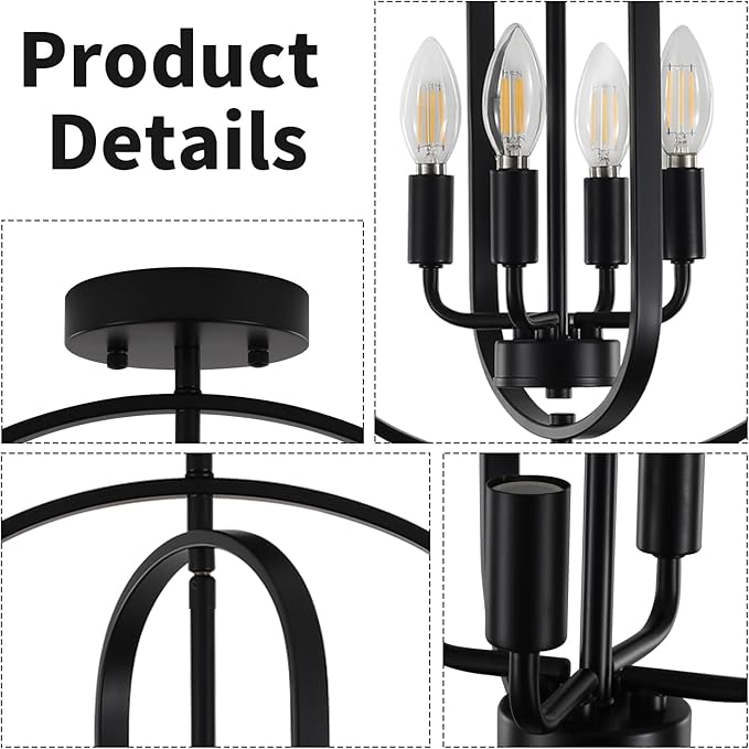 Black Flush Mount Ceiling Light, 4-Light Semi Flush Mount Ceiling Lights Kitchen Lighting Fixtures Industrial Modern Farmhouse Chandelier for Dining Room Foyer Hallway Entryway
