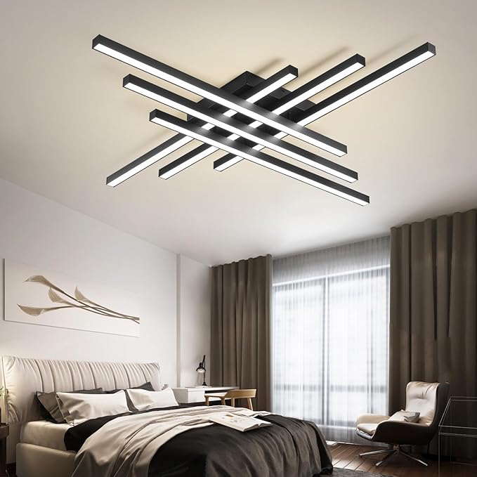 Modern LED Ceiling Lights 43.3" Black Flush Mount Ceiling Light Fixture Sputnik Dimmable Ceiling Lights with Remote Control for Bedroom Living Room Kitchen Room(6 Lights)