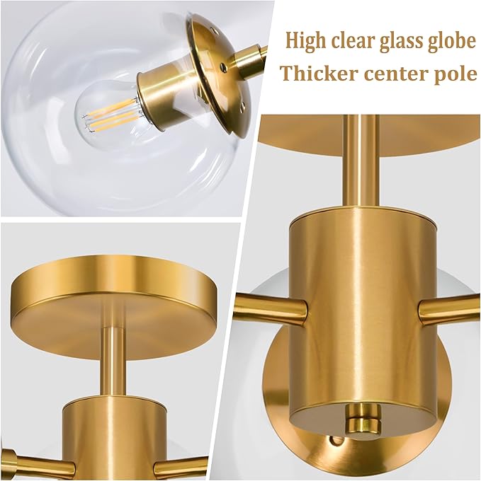 Mid Century 3-Light Clear Globe Glass Gold Chandelier 19 Inch Modern Brass Semi Flush Mount Ceiling Lights Modern Light Fixtures Ceiling Lights Fixture for Bedroom Living Room Hallway Entryway