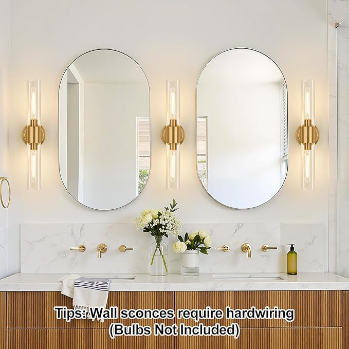 Wall Sconces Set of Two, Brushed Gold Bathroom Sconces Wall Lighting with Clear Glass, Hardwired Modern Sconces Wall Decor Set of 2 for Bathroom Mirror Bedroom Living Room Hallway