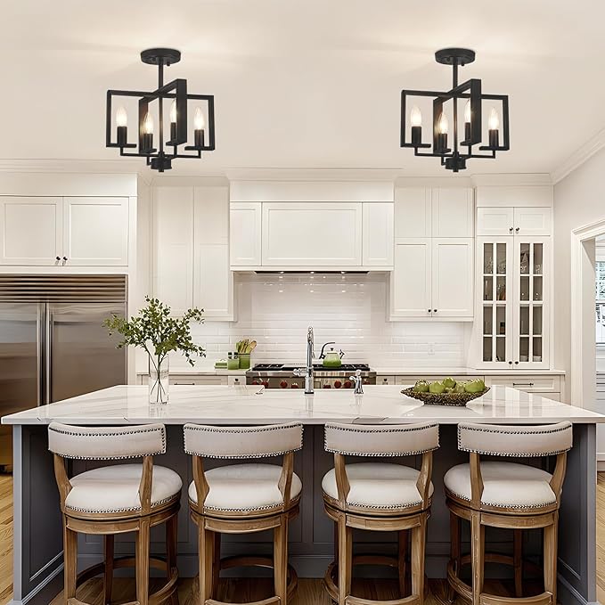 TOULMJ Black Semi Flush Mount Ceiling Light Fixture, 4-Light Farmhouse Hallway Light Fixtures Modern Light Fixture Metal Geometric for Kichen Island Entryway Dining Laundry Room, 12.6 in