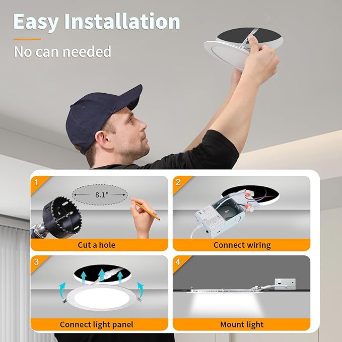 6 Pack 8 Inch LED Recessed Lighting with Junction Box Ultra-Thin, 3000K/4500K/6000K Selectable, 8" Dimmable Canless LED Downlight, 1800LM CRI80 High Brightness 5%-100% Recessed Light…