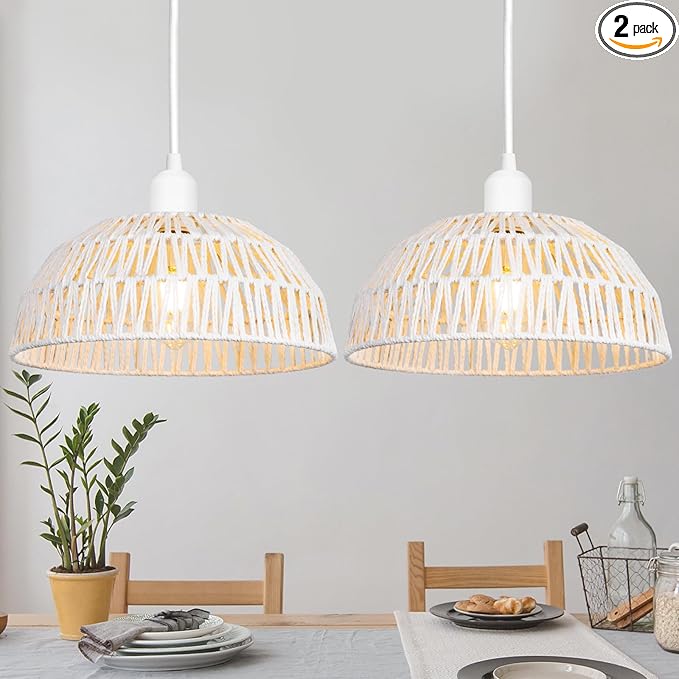 Rattan Pendant Light Fixtures 2 Packs, White Boho Woven Basket Pendant Light, Handmade Wicker Hanging Lamp, Rattan Chandelier for Kitchen Island, Dining Room, Living Room, Bedroom, E26 Base