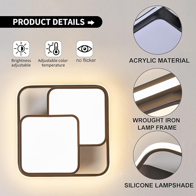 Modern LED Ceiling Light Fixture, 15.7in Dimmable Black Square Flush Mount Ceiling Lights with Remote, Bedroom Ceiling Lamp LED Chandelier for Living Room Kitchen Hallway Laundry, 60W