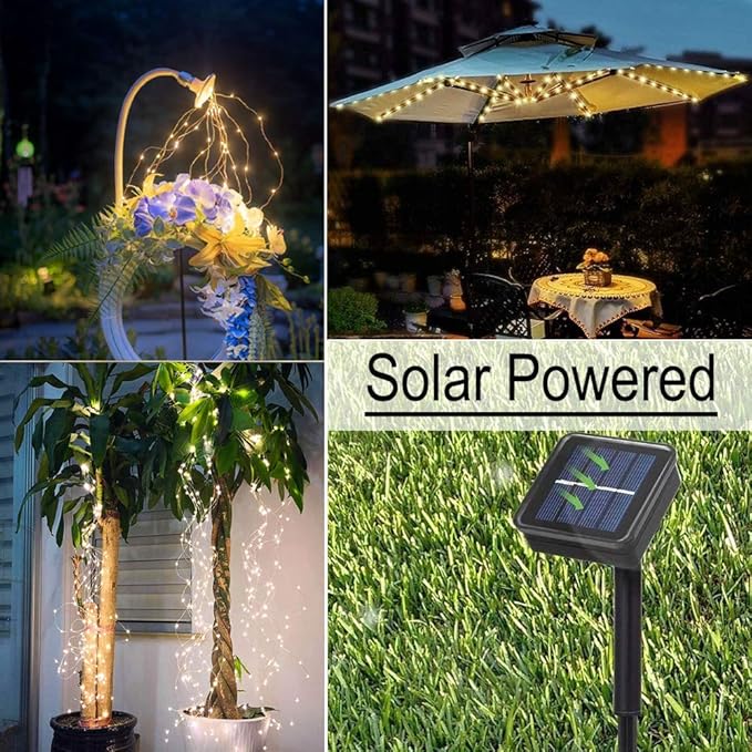 Solar Fairy Lights Outdoor, Multi Strand 180 LEDs Watering Can Light, Waterproof Solar Powered Waterfall Lights, Firefly Bunch String Lights for Garden Outside Decor, Warm White