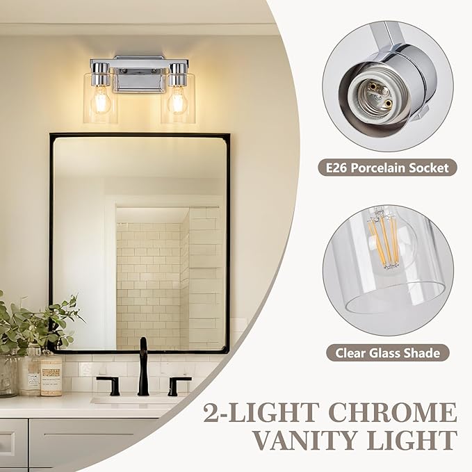 2-Light Bathroom Light Fixtures Modern Chrome Vanity Lights with Clear Glass Shade Wall Sconces Over Mirror for Bathroom, Powder Room, Living Room