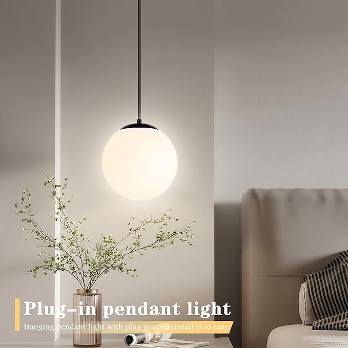 KoKo&Yukina 8" Globe Pendant Light Black Plug in Pendant Light Adjustable Hanging Lights with Plug in Cord Matte Black Finished with Milk Glass Lampshade for Bedroom Kitchen Island（Bulb Included）
