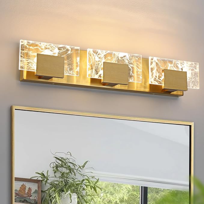LED Bathroom Vanity Light: 24 inch Brushed Gold Acrylic Modern Lighting Fixtures - 3 Lights Contemporary Smoke Design Wall Lights Fixture Over Mirror 3000K