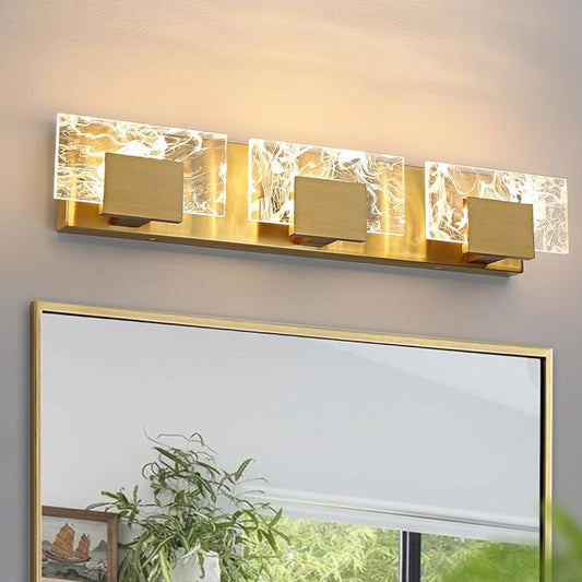 LED Bathroom Vanity Light: 24 inch Brushed Gold Acrylic Modern Lighting Fixtures - 3 Lights Contemporary Smoke Design Wall Lights Fixture Over Mirror 3000K