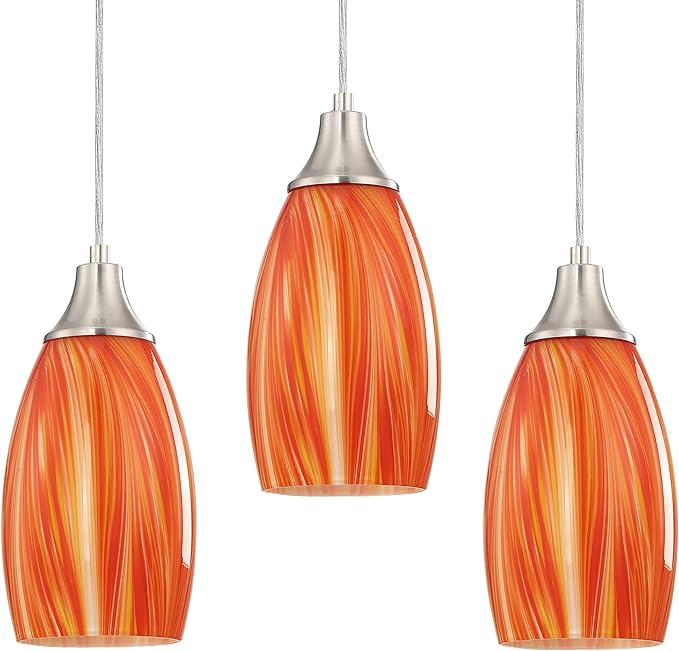 karyfine Art Glass Mini Pendant Lights for Kithen Island Blown Glass Pendant Lighting Shade with Brushed Nickel Finish 3Pack Hanging Pendant Light Kitchen Counter,Dining/Living Room Red Orange
