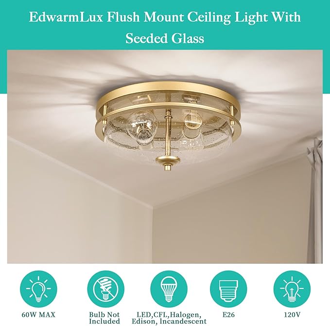 Edwarmlux Flush Mount Ceiling Lights, 2-Light Farmhouse Close to Ceiling Light, Industrial Ceiling Lighting Fixture for Kitchen Hallway Bedroom Living Room Stairways Porch (Gold)