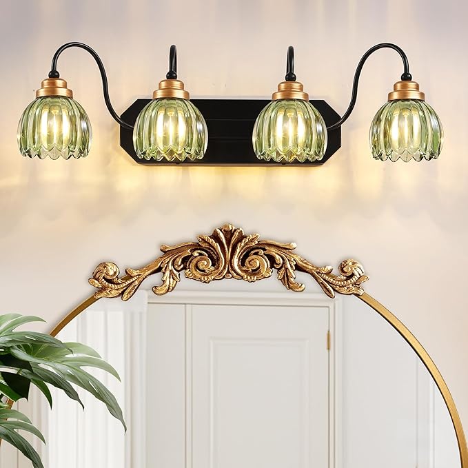 Vintage Bathroom Vanity Light, 4 Light Bathroom Lighting Fixtures Over Mirror, Mid Century Style Farmhouse Light Fixtures with Green Glass Shades, Black Finish Wall Mount for Bedroom , Living Room
