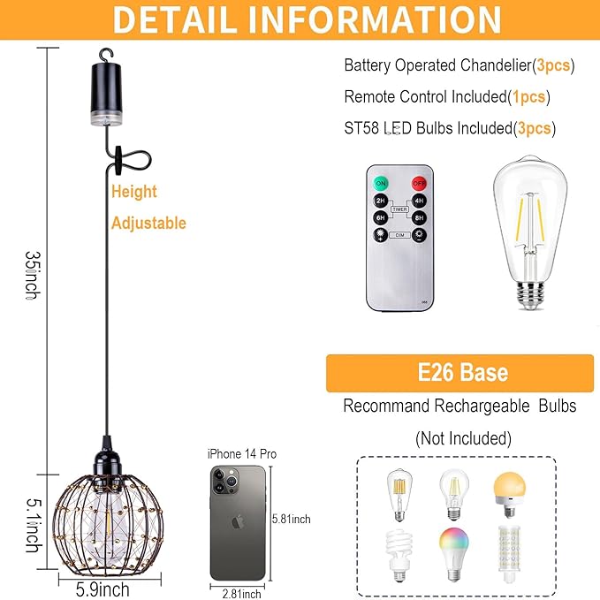 TWINKVILLA Hanging Pendant Lights, Battery Operated Outdoor Chandelier with Warm White LED Bulb for Patio Tree Pergola Gazebo Porch (Beaded Ball-ST58-3PK)